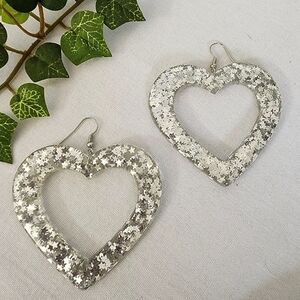 Clear Resin Heart Hoop Earrings with Silver Metallic Stars